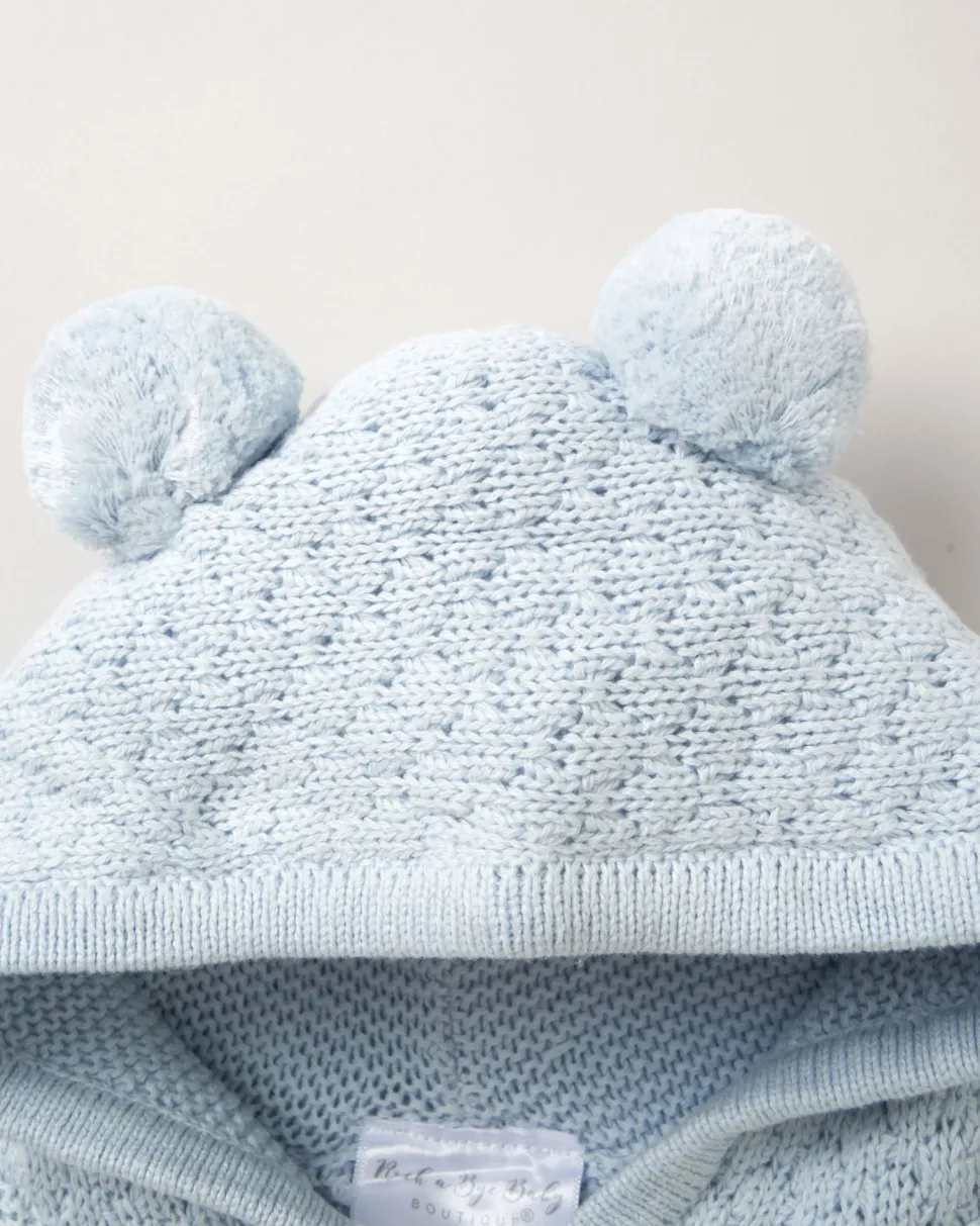 Double Knit Hooded Pom Pom Baby Cardigan - Blue