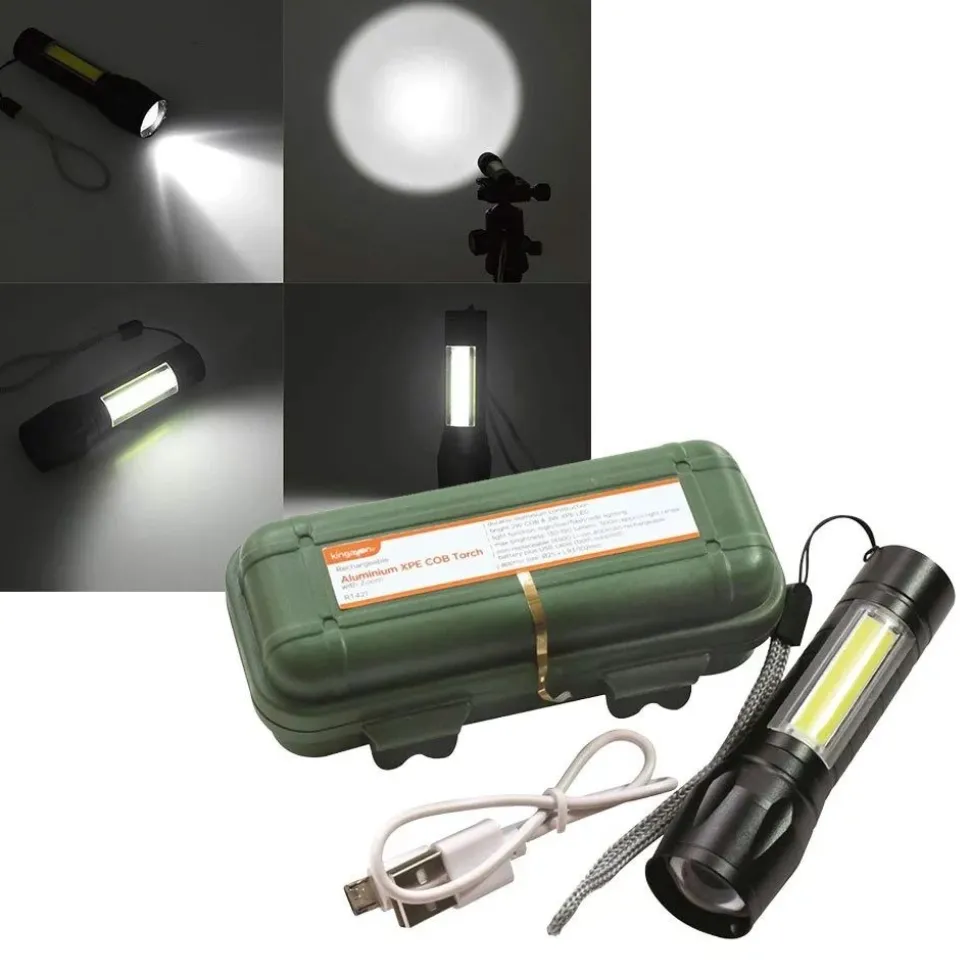 Kingavon Compact Rechargeable Aluminium XPE COB Torch with Zoom - Black