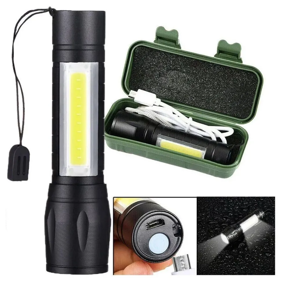 Kingavon Compact Rechargeable Aluminium XPE COB Torch with Zoom - Black