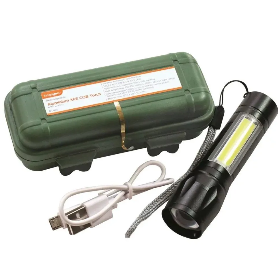 Kingavon Compact Rechargeable Aluminium XPE COB Torch with Zoom - Black