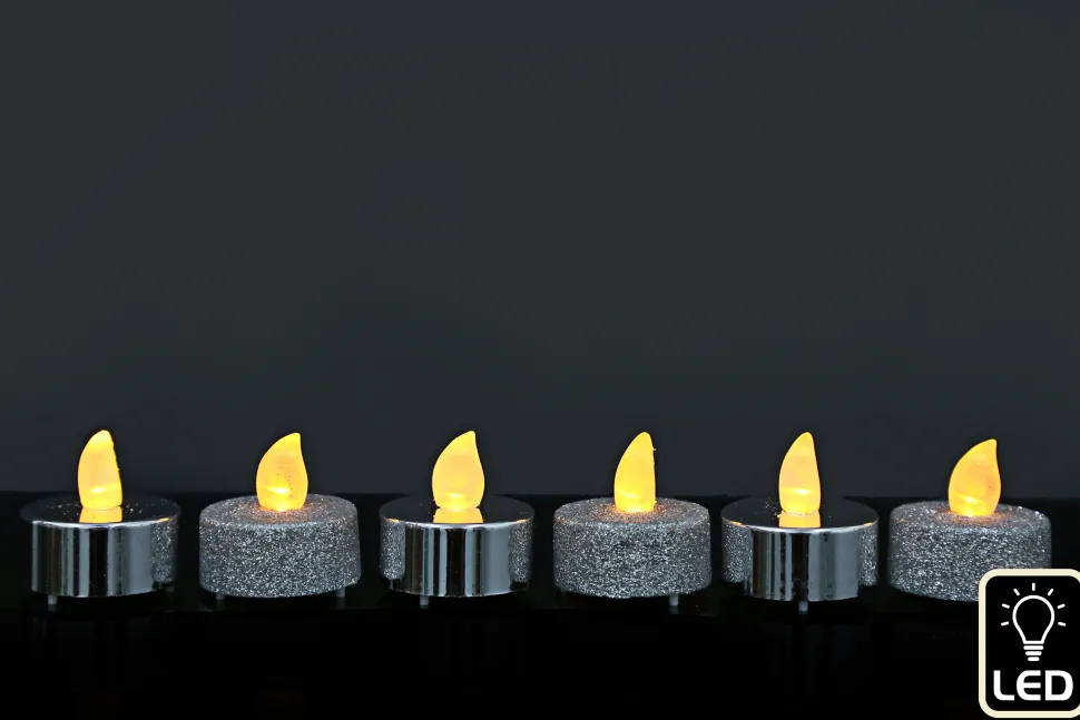 LED Silver Glitter Tea Lights 6 Pack
