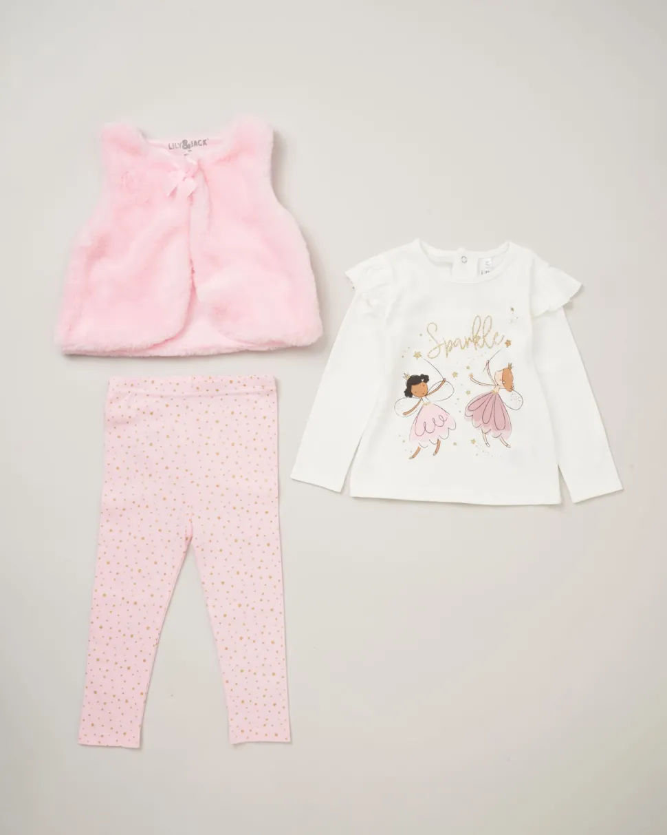 Lily & Jack Faux Fur Gilet 3-Piece Pink Sparkle Star Outfit Set