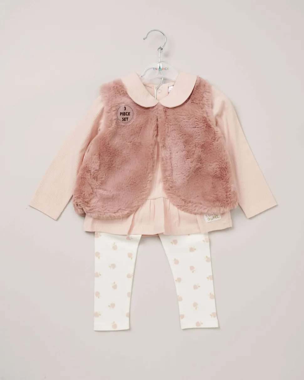 Lily & Jack Faux Fur Gilet 3-Piece Pink Apple Outfit Set