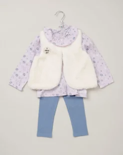 Lily & Jack Faux Fur Gilet 3-Piece Lilac Floral Outfit Set