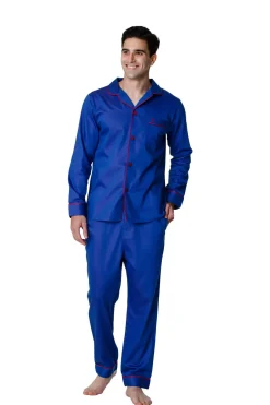 Men's 100% Cotton De Lucca Pyjamas Blue Satin Dobby