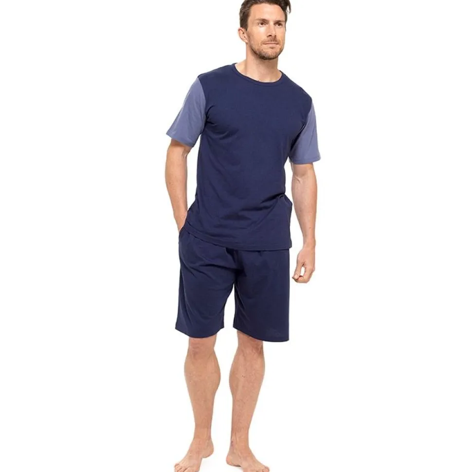 Mens 100% Cotton Plain T-Shirt & Short Pyjama Set Navy