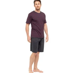 Mens 100% Cotton Striped T-Shirt & Short Pyjama Set - Red