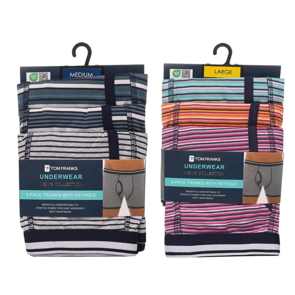 Mens 3 Pack Cotton Stripe Stretch Trunks Assorted