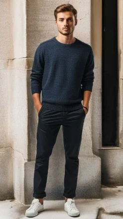 Men's Round Neck Twill Sweater Navy