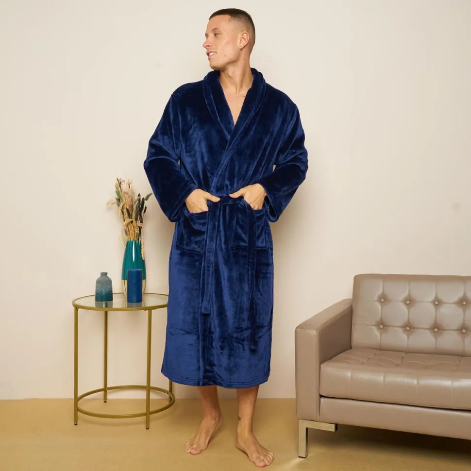 Navy Men's Plush Bathrobes