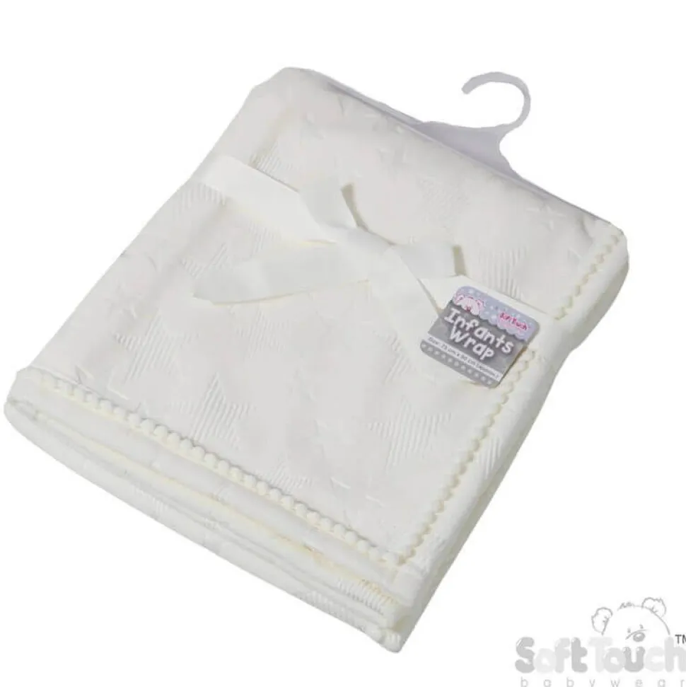 Plush White Star Blanket with Pom Trim