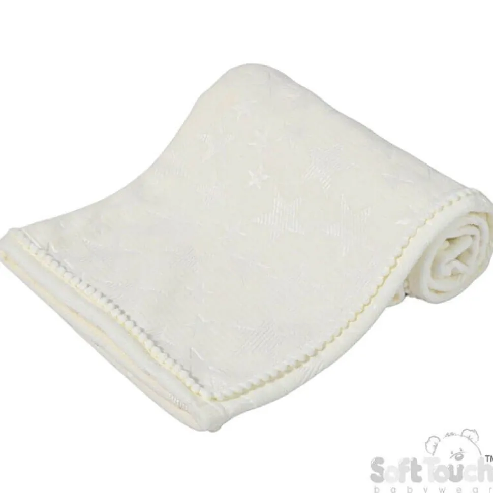 Plush White Star Blanket with Pom Trim