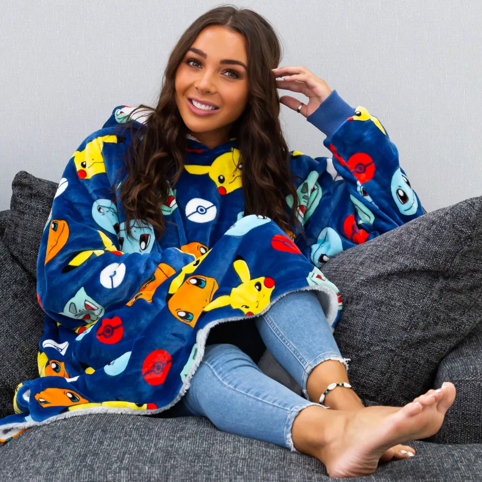 Pokemon Badges Oversized Hugzee Wearable Fleece Hoodie – Large