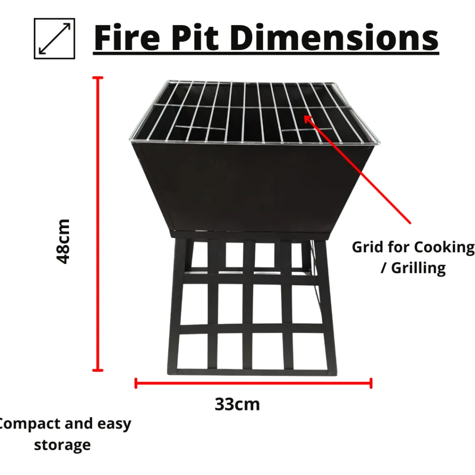 Square Fire Pit with Grill - Black