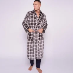 Tartan Check Charcoal Plush Men's Bathrobes