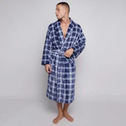 Tartan Check Navy Plush Men's Bathrobes