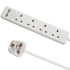 4-Way Extension Lead with 2 Metre Cable and 2 USB Ports