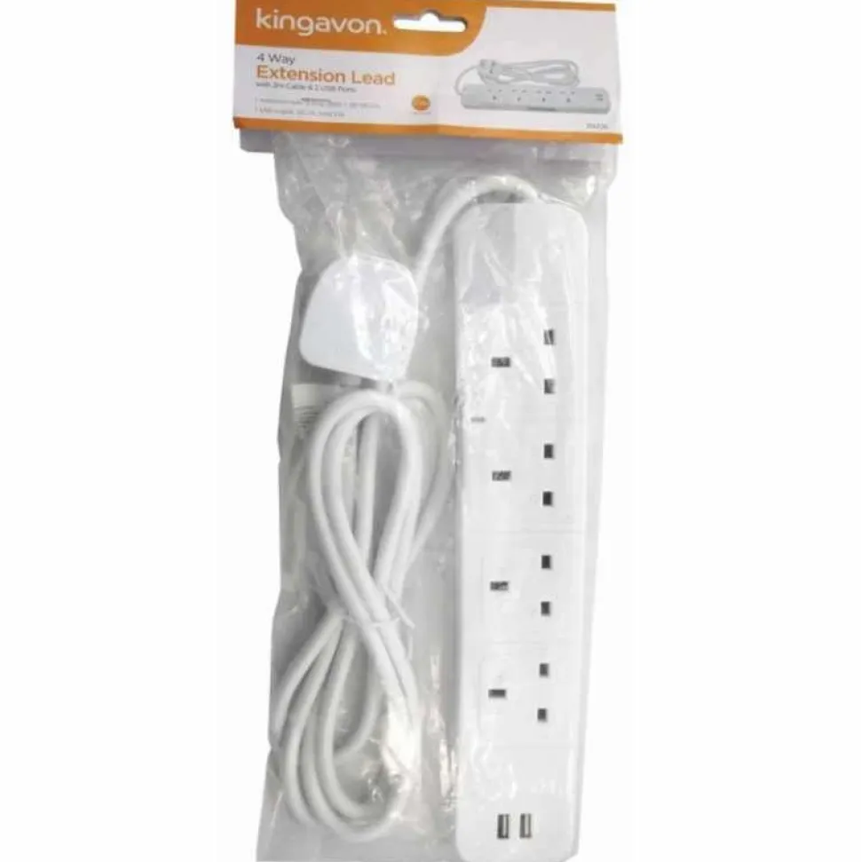 4-Way Extension Lead with 2 Metre Cable and 2 USB Ports