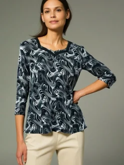 Women's 3/4 Sleeve Crinkle Top Swirl Black & White