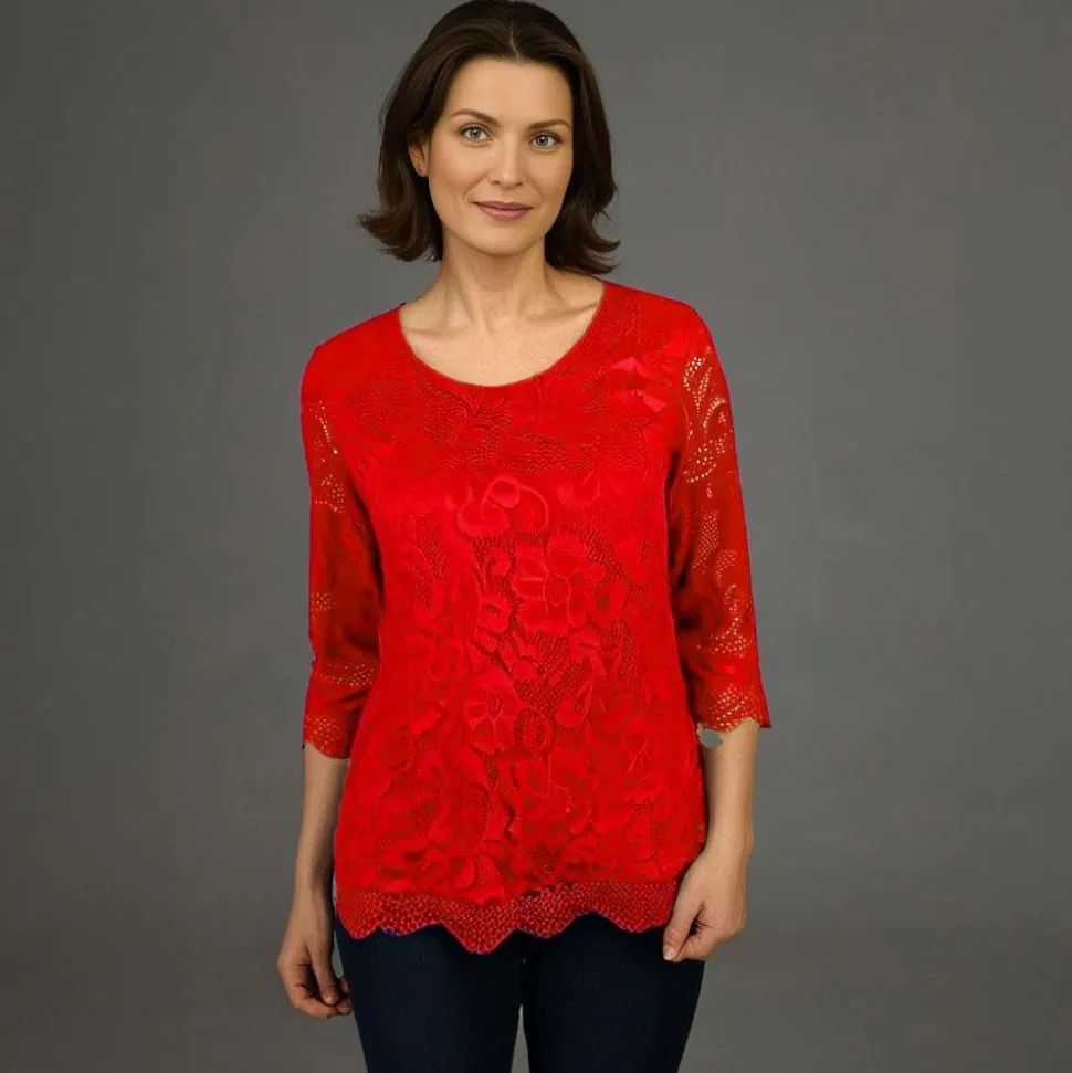 Women's 3/4 Sleeve Lace Top Red