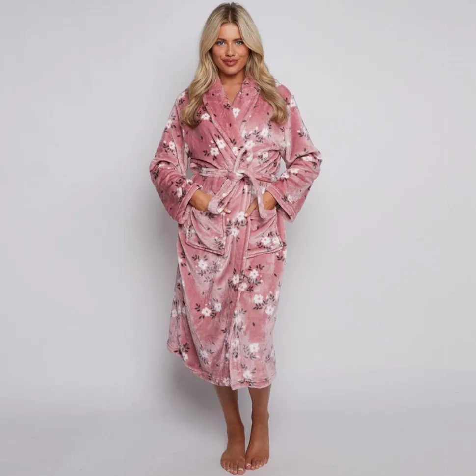 Womens Fleece Floral Bathrobe Pink